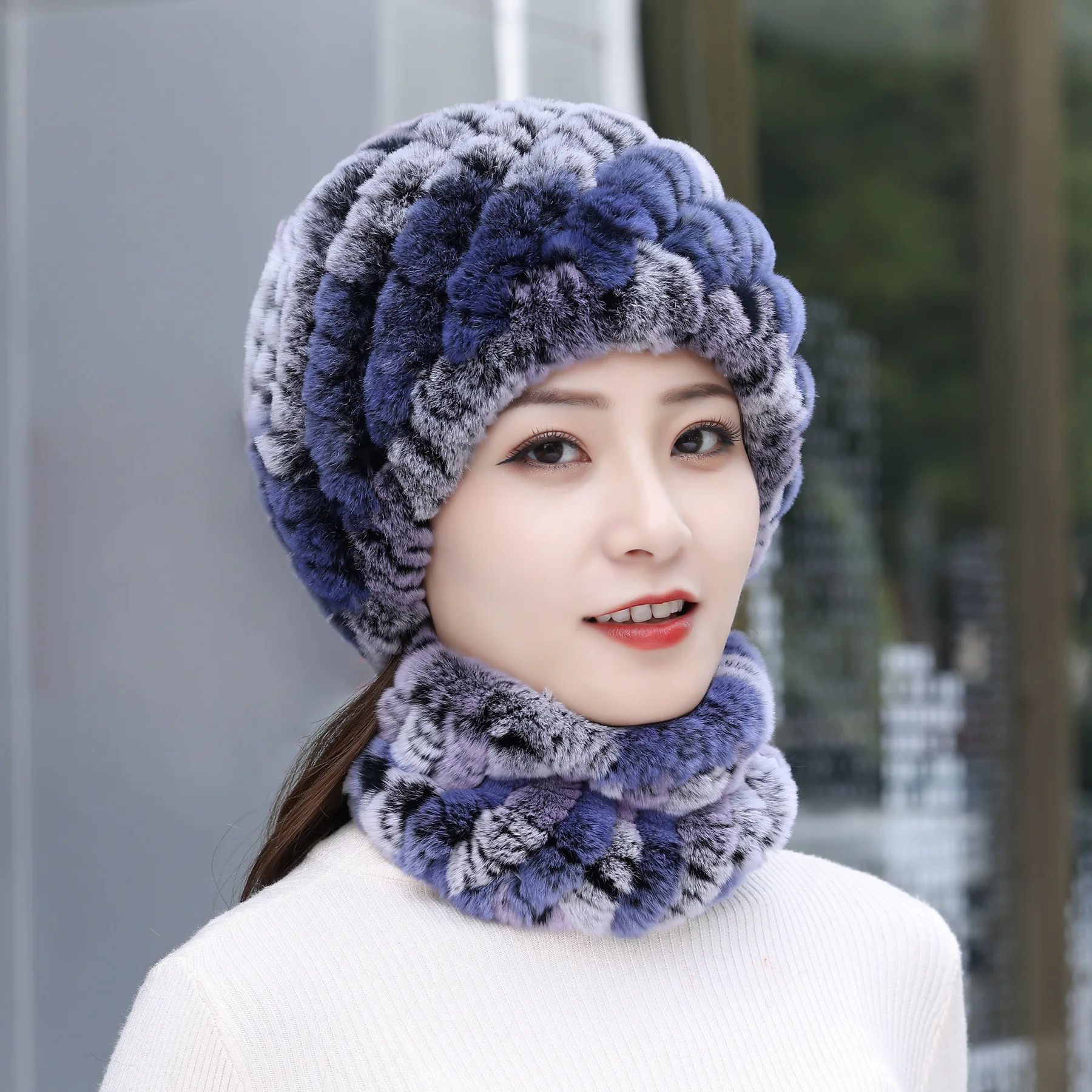 

X134 Women Knitted Soft Rex Rabbit Fur Hat Scarf Lady Rex Rabbit Fur Cap Scarves Natural Rex Rabbit Fur Ring Shawl Hats