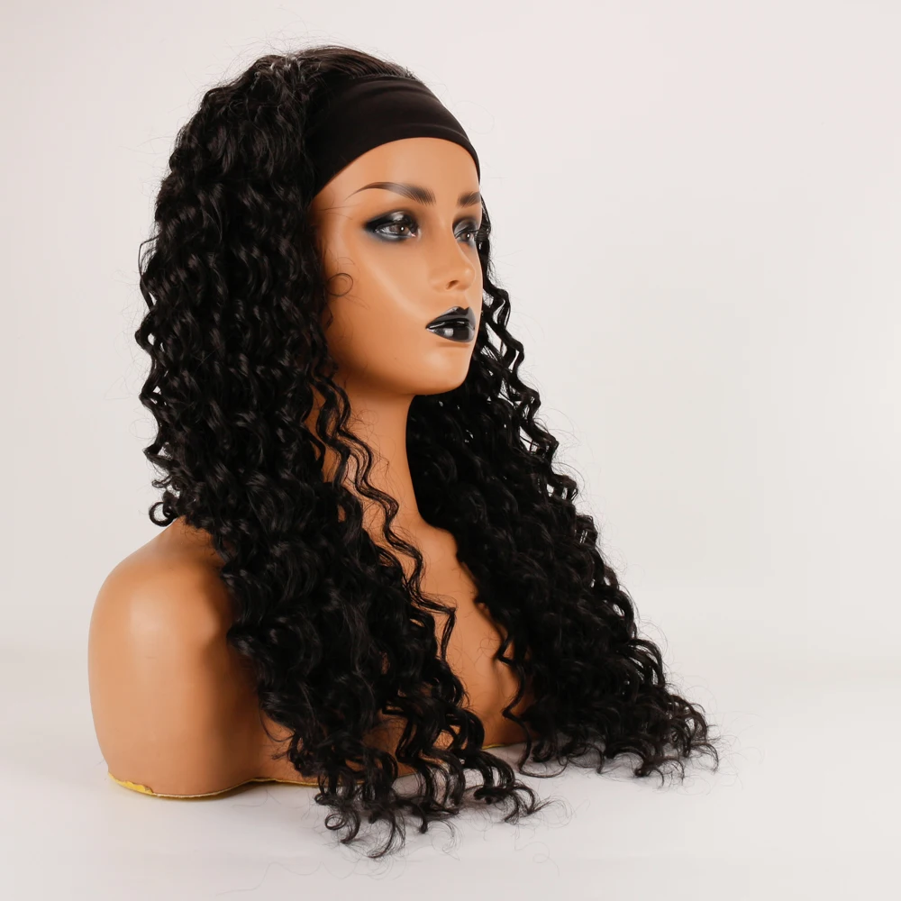 DLME Headband Deep Curly Wigs For Black Women 24 Inch Human Synthetic Hair 150% Ombre Afro Glueless Wig With Head band Mix Wig