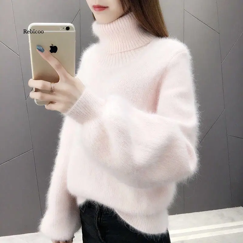 

Oversized Cropped Sweater Turtleneck Women Winter Clothes Knitted Fluffy Woman Sweaters Korean Pullover Vintage Jumper Pink