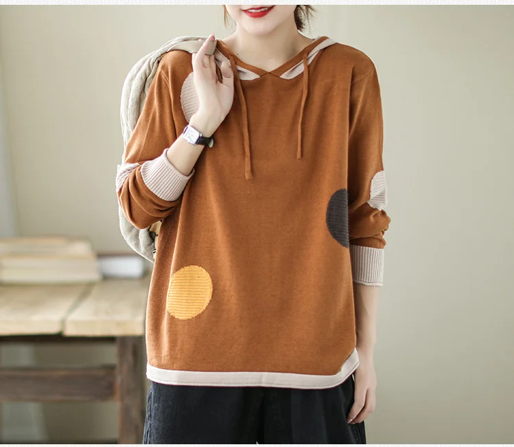 Amax luluE 2024 Winter Women Loose Patchwork Sweaters European Style Ladies Casual Hooded Design Jumpers Vintage Street Pullover