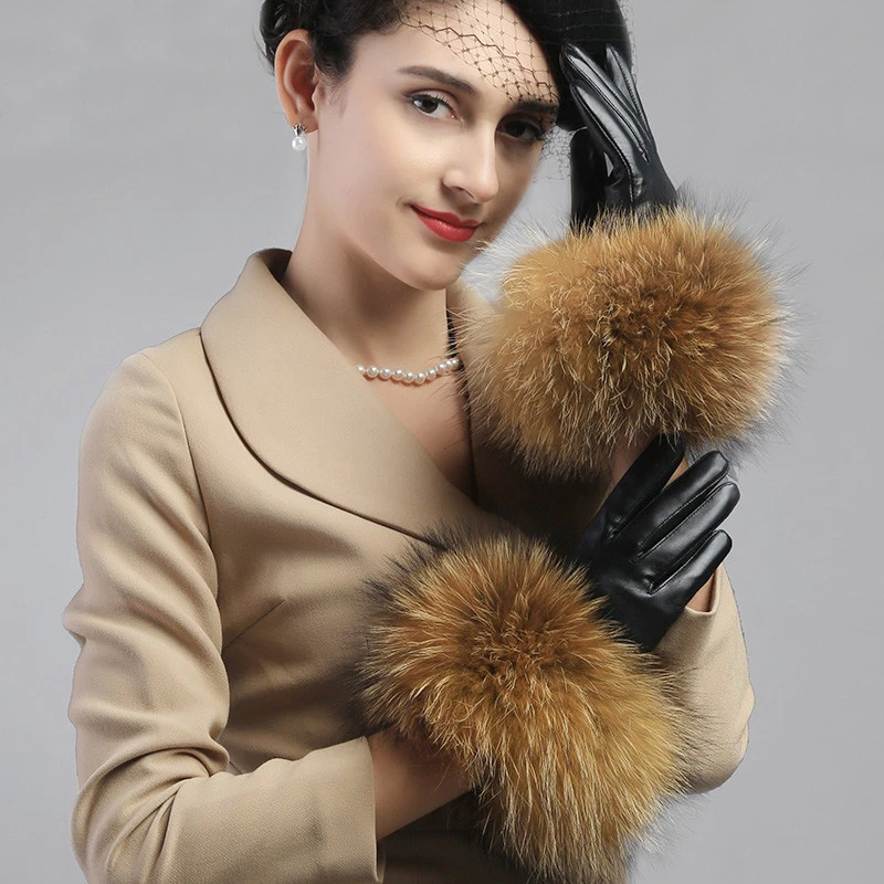 2020 New Real Raccoon Fur Gloves Leather Women\'s Gloves Fashion Luxury Big Raccoon Fur Sheepskin Genuine Leather Gloves Female