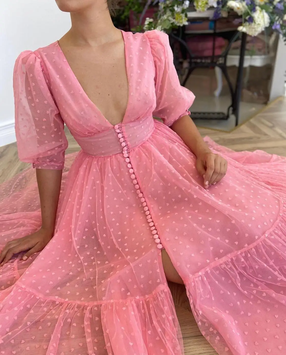 

BridalAffair Exquisite Tiffany With White Dotted Prom Dresses 2021 A Line Long Sleeves Buttons Tea Length Evening Gowns