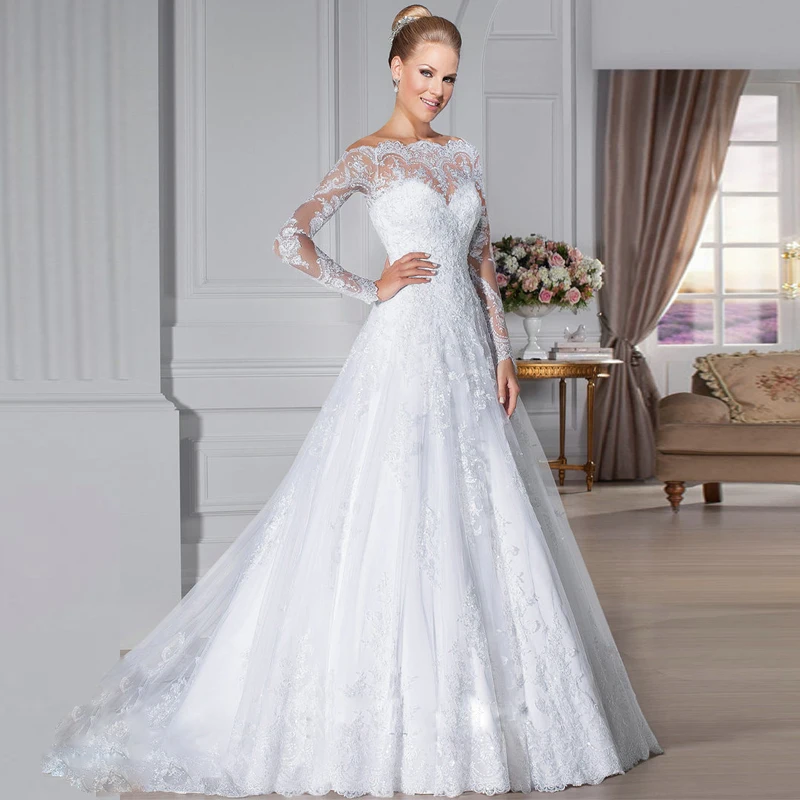 2018 koronkowe aplikacje z długim rękawem vestido de noiva Off the Shoulder suknia ślubna szata de mariage matka panny młodej sukienki