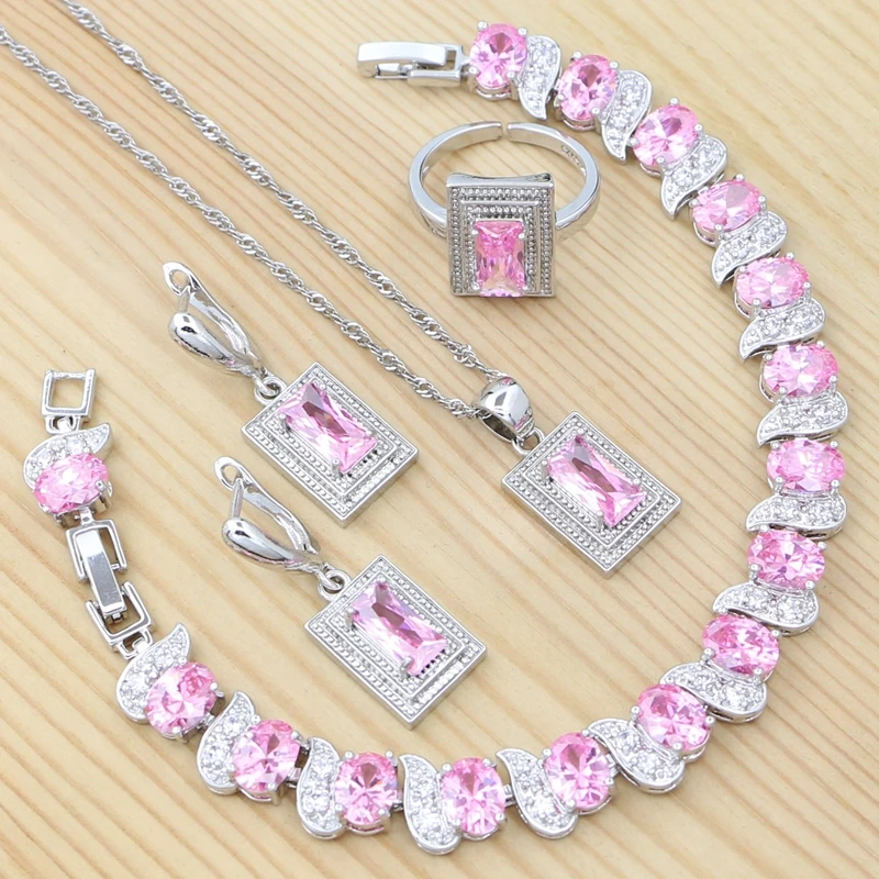 

Square Earrings Ring Pendant Chain Bracelet 925 Sterling Silver Sweet Jewelry Set Pink Cubic Zirconia Jewelry for Women