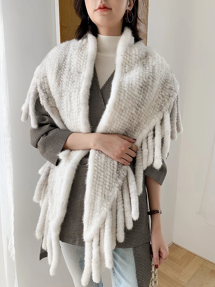 New Fashion Women Genuine Real Mink Fur Shawl Scarf with Tassle Gray Cape Lady Elegant Wraps Dropshipping