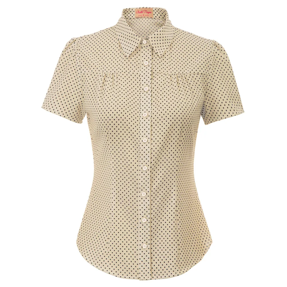 Belle Poque Shirt Women Retro Polka Dots Short Sleeve Blouse Turn-down Collar Curved Hem Shirt Summer Clothes New Fashion Ladies