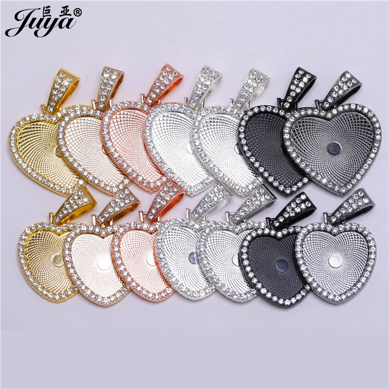 7PCS Rhinestone Heart Charm Pendant Base 25/30mm Alloy Tray DIY Jewelry Making For Hiphop Necklaces Keychains Crafts Findings