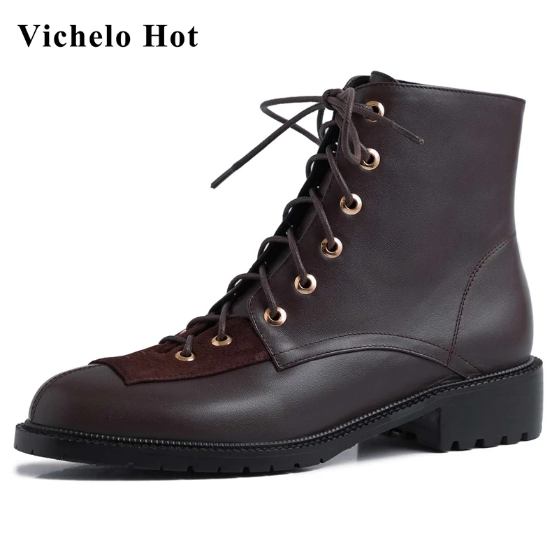 

Vichelo Hot natural leather round toe med heel cross-tied bowtie preppy style young lady dating vintage fashion ankle boots L18