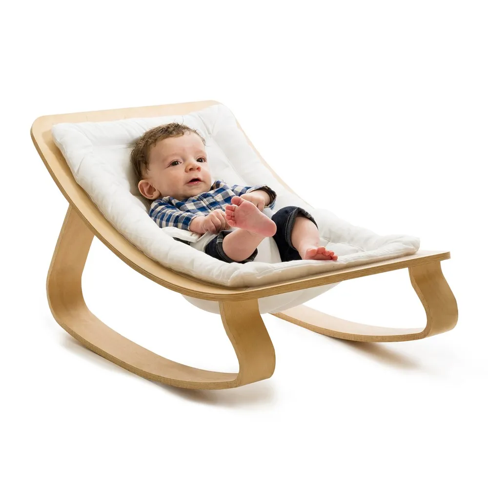 Baby Rocker, Baby Bouncer and Wooden Recliner for Toddler, Rocking Chair for Baby with Cushion Booster Seat Belt, 3-in-1 Convert