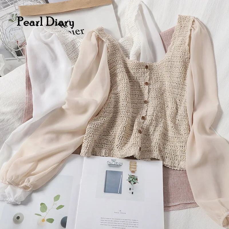 

Pearl Diary Fashion Joint Chiffon Woman Clothes Long Sleeve Exposed Clavicle Square Neck Hollow Out Single-Breasted T-Shirt