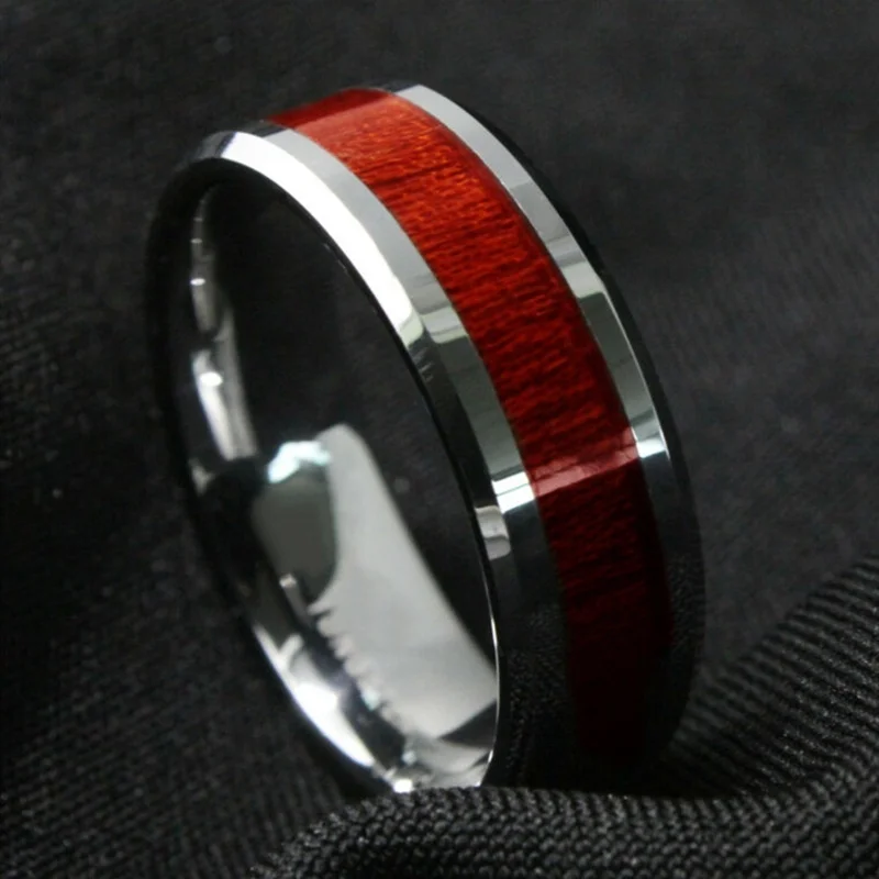 

8mm Men Rings Red Wood Stainless Steel Rings Simple Classic Wedding Rings For Men Jewelry Anniversary Christmas Gift