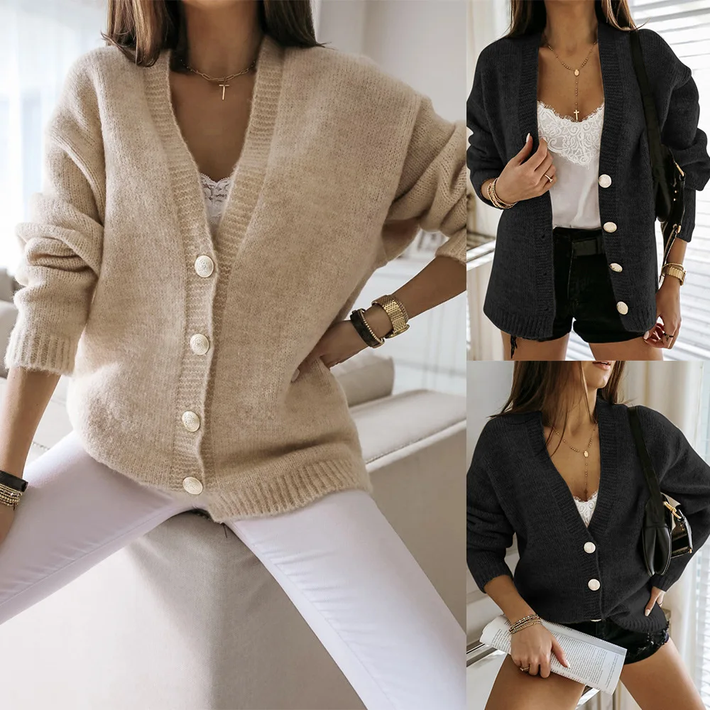 

2020 New Autumn Women Knit Cardigans Sweaters Solid V Neck Loose Knitwear Single Breasted Jacket Coat Tops Cardigan Outerwear