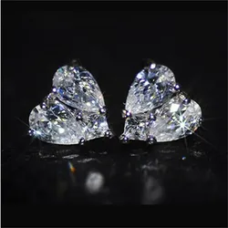 Huitan New Trendy Heart Stud Earrings for Bridal Wedding Engagement Silver Color Aesthetic Earrings High Quality Women's Jewelry