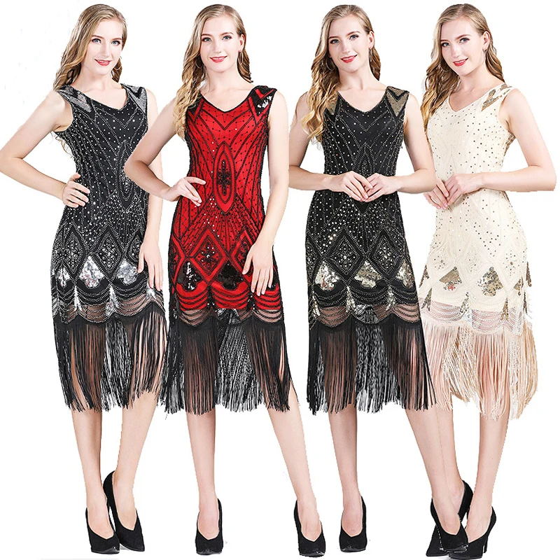 Latin Dance 1920s Vintage Flapper Great Gatsby Party Dress V-Neck Sleeveless Sequin Beaded Tassel Flapper Vestidos Feminina 1920