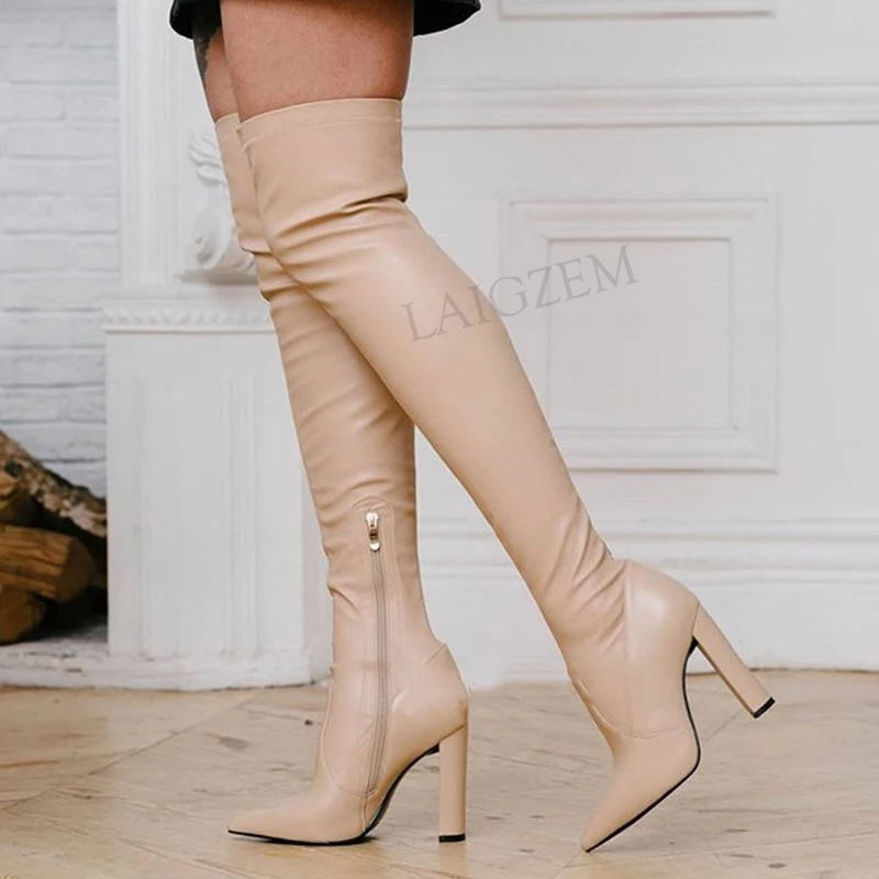 SEIIHEM Women Thigh High Boots Stretchy Thick High Heels Over Knee Boot Botas Mujer Ladies Shoes Woman Big Size 39 43 44 46 47