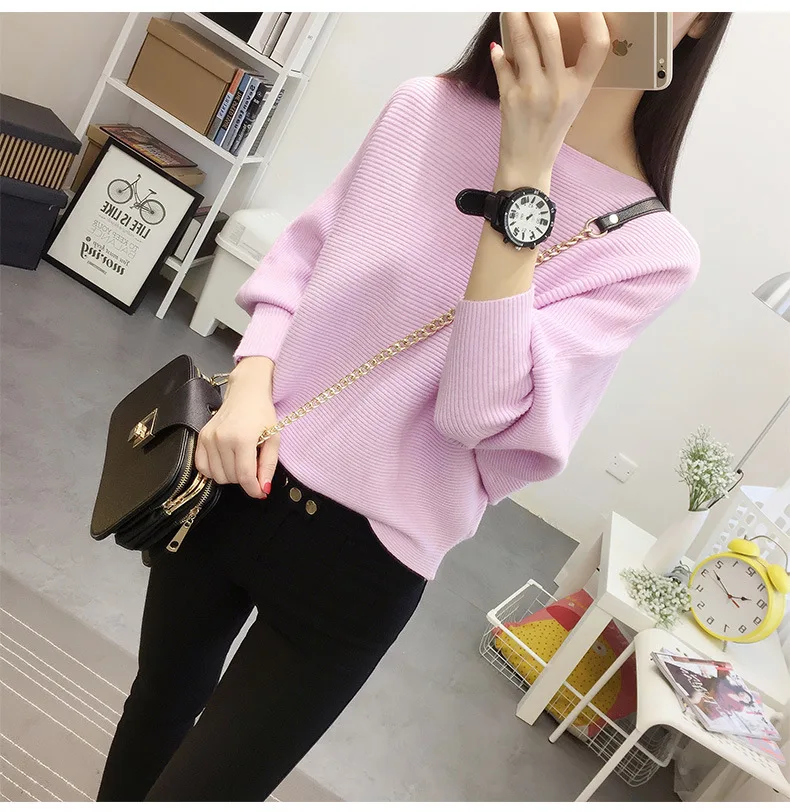 Autumn And Winter New Women Sweaters Bats Shirt Slash Neck Short Paragraph Female Knit Pullovers