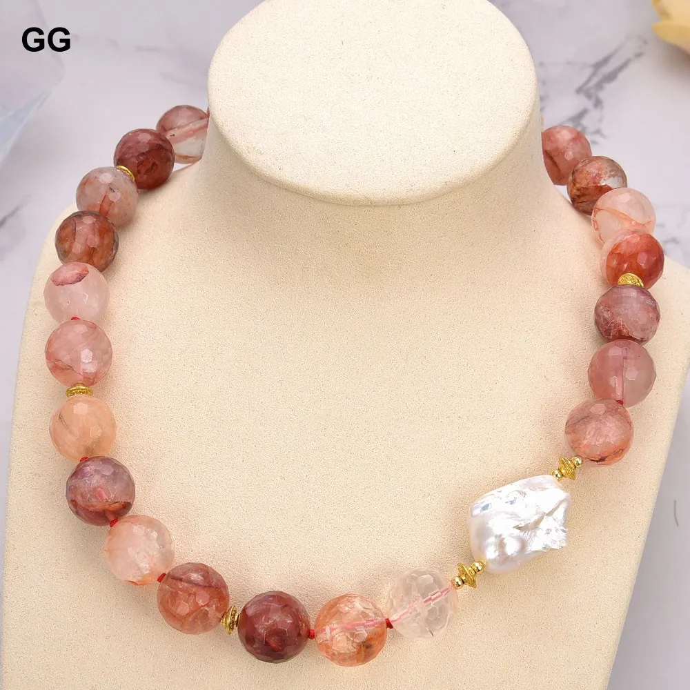 GuaiGuai Jewelry Natural Stone 20'' 14mm Faceted Lepidocrocite Quartz White Keshi Pearl Necklace