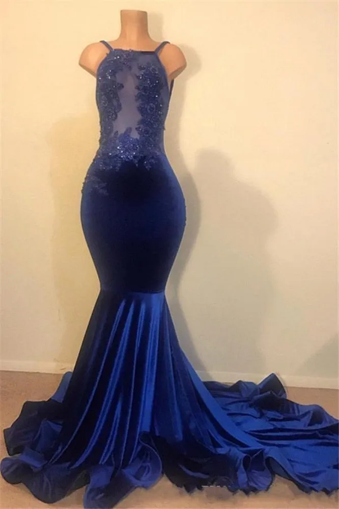 2020 Sexy Blauw Halte Mermaid Prom Dresses Lace Applique Backless Plus Size Formele Partij Avondjurken Vestidos De Noiva