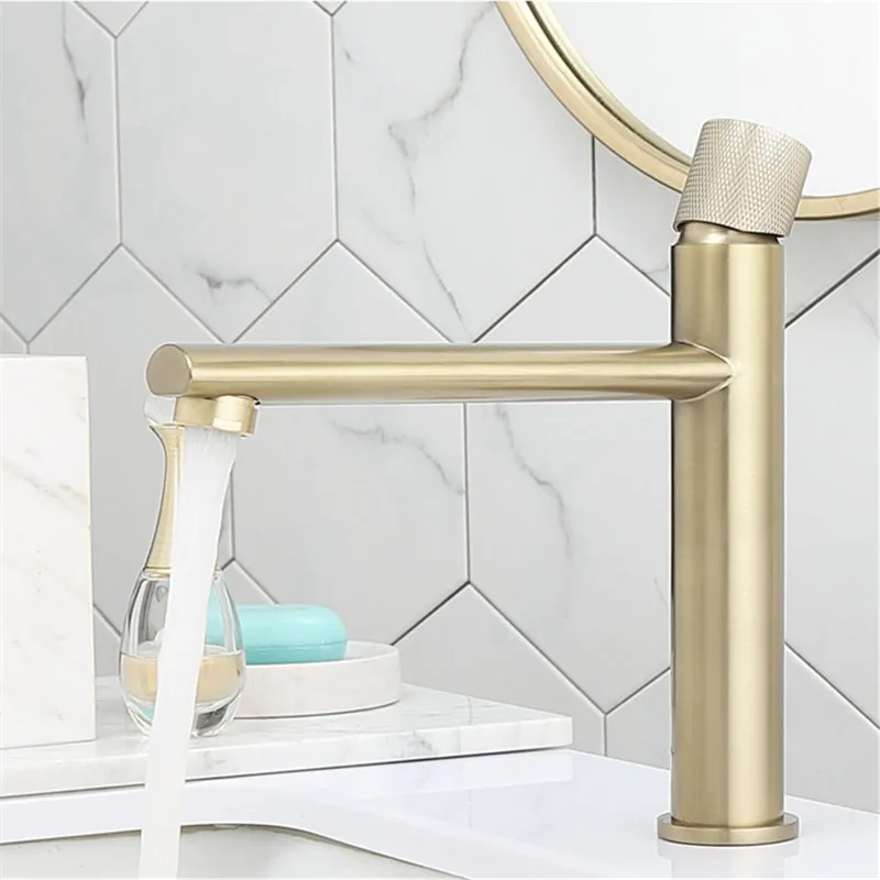 

Basin Faucets Brushed Gold Solid Brass Hot & Cold Single Handle Sink Mixer Taps Bathroom Faucet Lavatory Crane Tap Unique Design