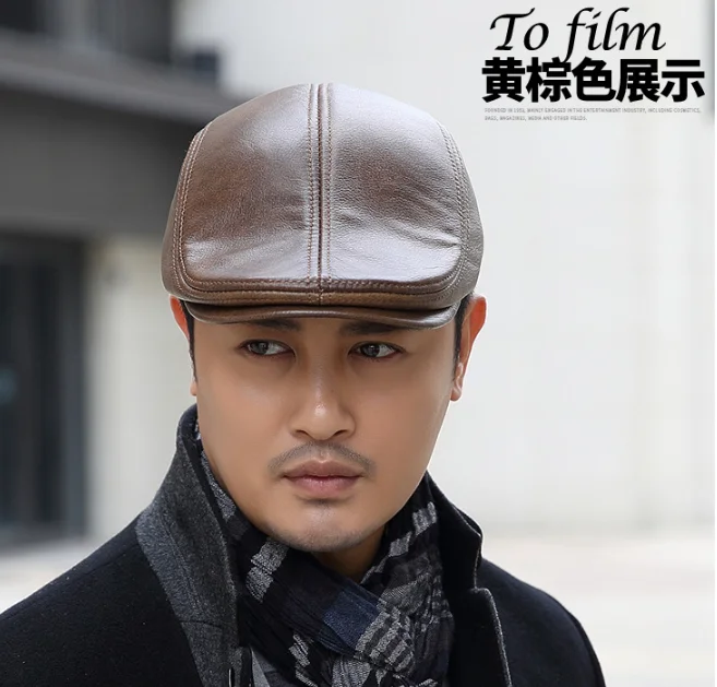 Man Flat Caps Men Real Leather Duckbill Hats Berets Earflaps Black Casual Directors Cap Male Vintage Winter Driving Caps Brown