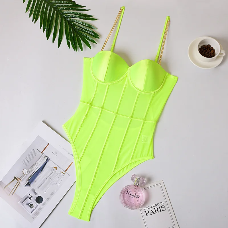 Neon Green Mesh Transparent BodySuit Sexy Women\'s Backless Striped Sleeveless Overalls Party Fashion Spaghelti Strap Rompers New