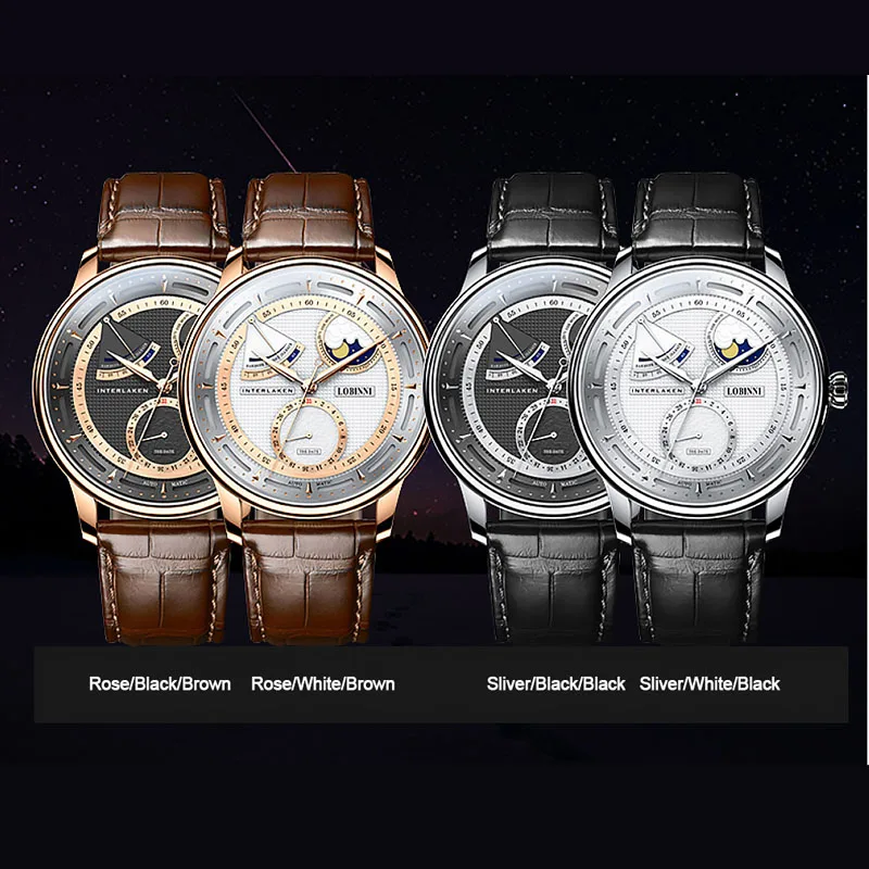 LOBINNI العلامة التجارية الفاخرة الرجال التلقائي ساعة ميكانيكية مقاوم للماء الياقوت كريستال الساعات احتياطي الطاقة Moonphase الرجال على مدار الساعة