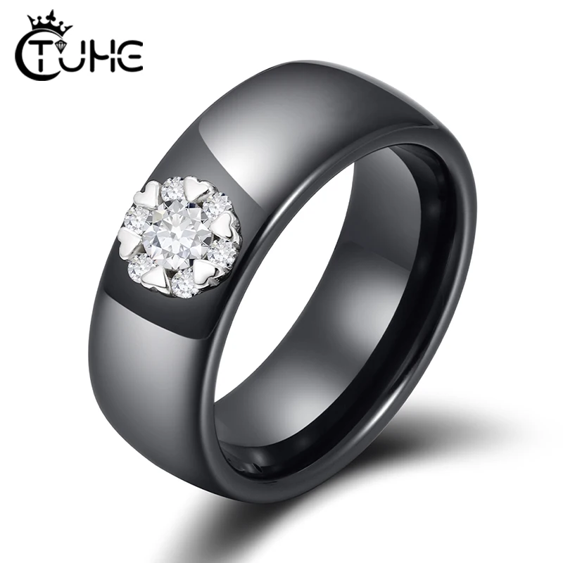 8mm White Black Ceramic Rings Plus Cubic Zirconia For Women Heart Crystal Real Ceramic Women Wedding Ring Engagement Jewelry