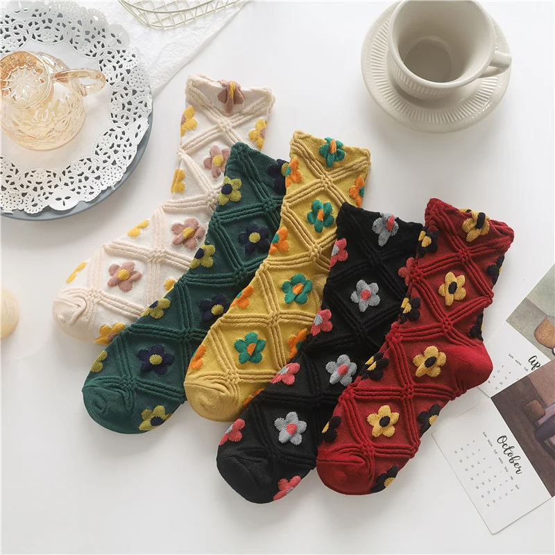 Hot-selling Spring Ladies Flower Socks Simple And Noble Pure Color Korean Version Ins Trendy Kawaii Happy And Interesting Socks