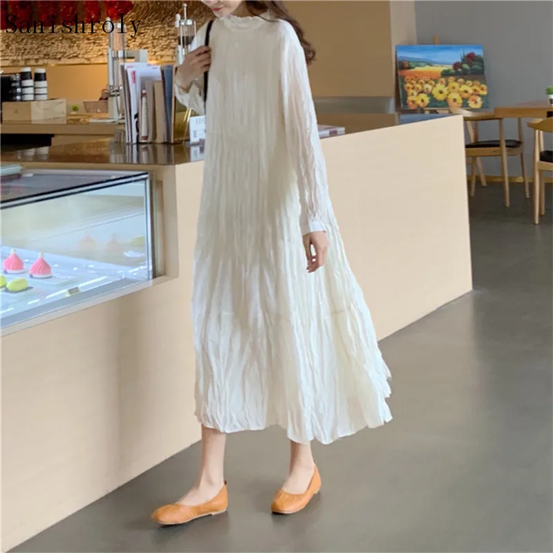 

Sanishroly New Spring Autumn Women Long Sleeve Chiffon Dress Casual Loose Pleated Dresses Female Long Shirt Dress Vestidos SE965