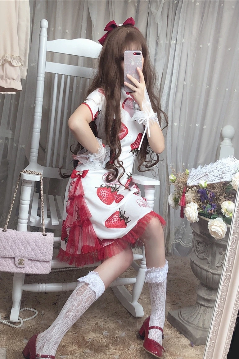 Palace princess sweet lolita dress retro  kawaii girl gothic Lolita Strawberry Cheongsam Summer Lace Waist Lady Gentle Dress