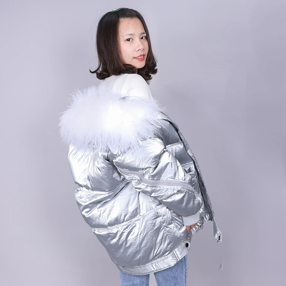 Lambswool collar wool white duck down jacket women's jacket winter thick coat warm coat loose black silver shiny surface