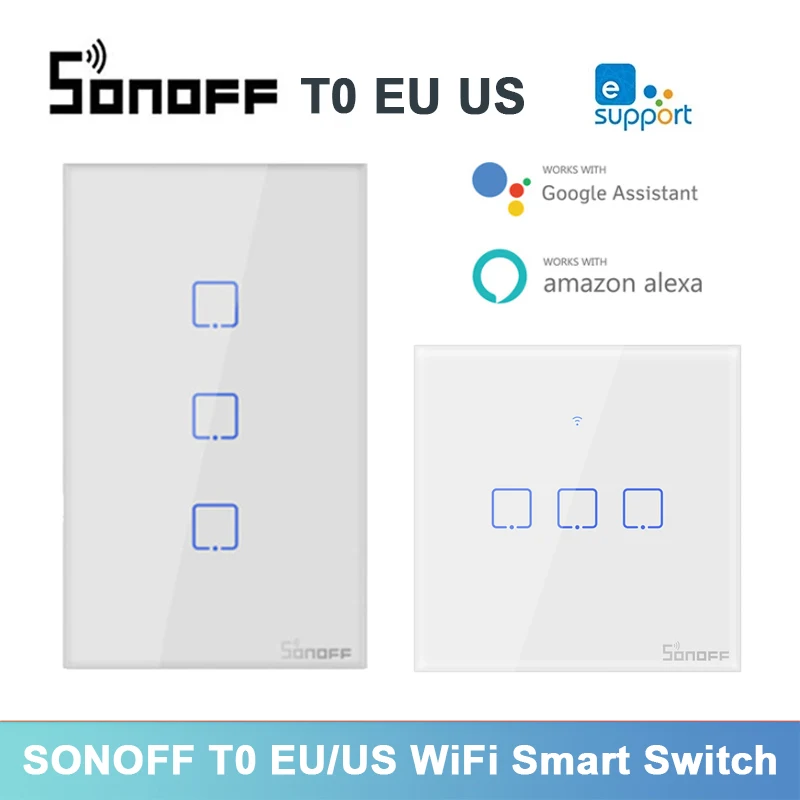 Sonoff-interruptor inteligente t0 eu/us, wi-fi, luz de parede, painel sensível ao toque, para alexa, google assistente, ewelink