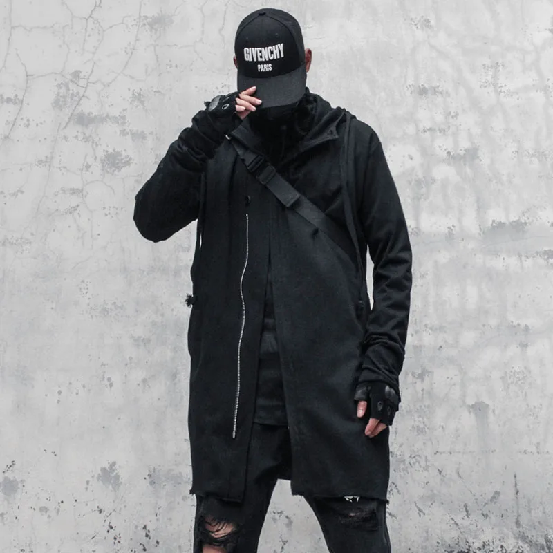 

Men's Windbreaker Hooded Zipper Medium Long Fashion Versatile Personalized Casual Design Sense Of Minority Function Coat