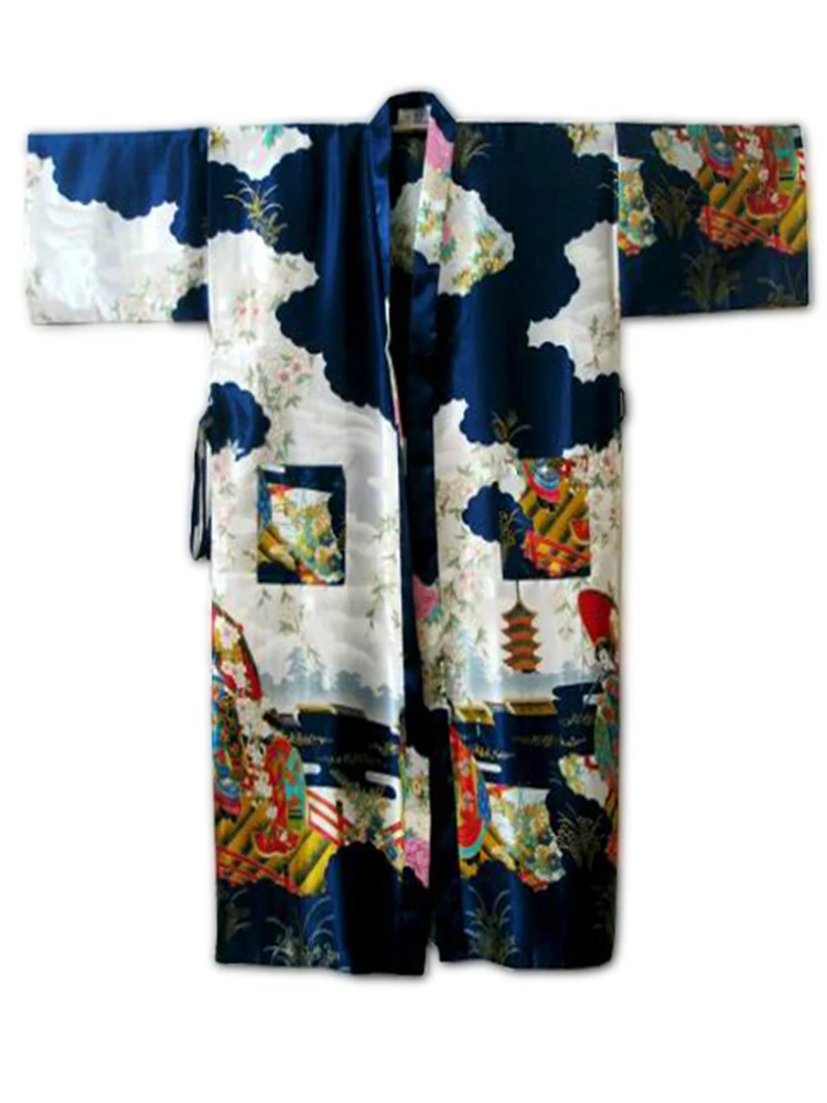 

Sexy Navy Blue Chinese Women's Silk Rayon Robe Kimono Bath Gown Flowers S M L XL XXL XXXL Free Shipping S0015