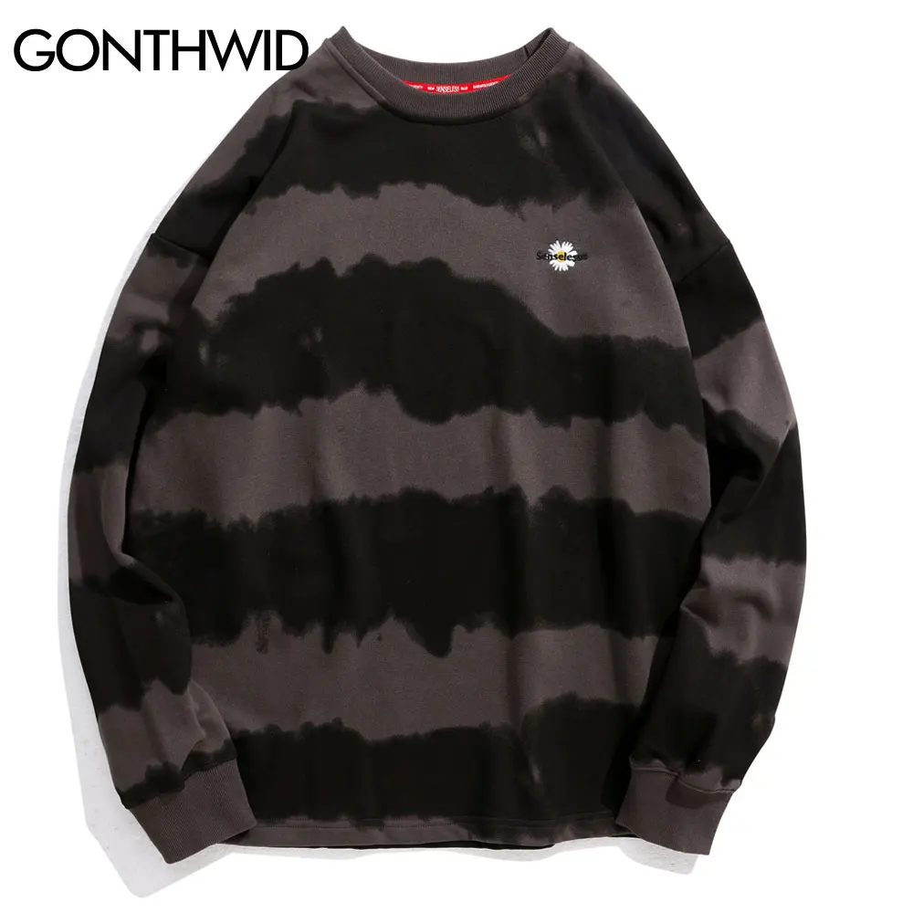 GONTHWID Harajuku Tie Dye Striped Pullover Sweatshirts Hoodies 2024 Mens Hip Hop Casual Streetwear Fashion Hoodie Outwear Tops