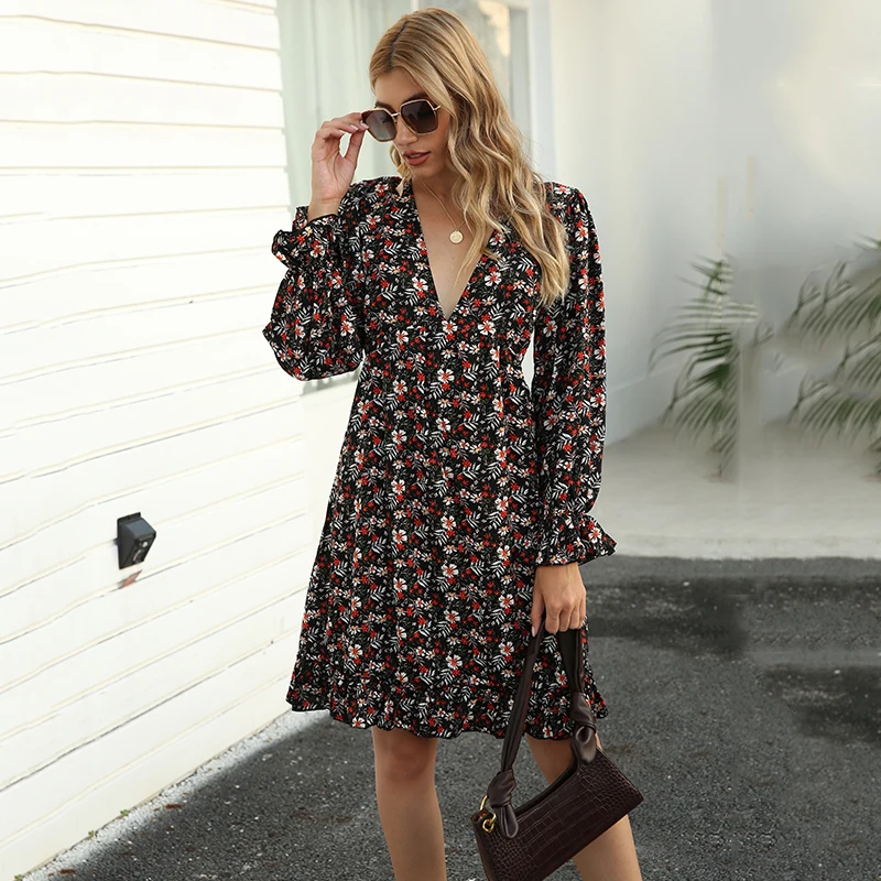 Feibushi 2020wish autumn European and American popular Bohemian women's printed Ruffle sleeve A-line dress travel