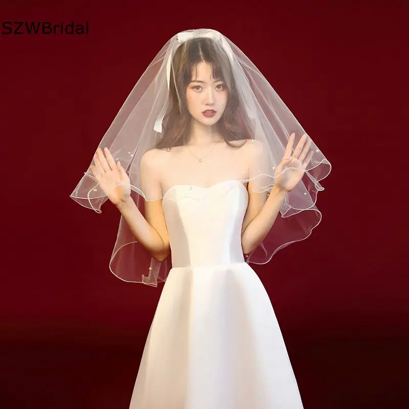 

New Arrival Two Layer Short Wedding veil Ivory Welon Bridal Veils with Comb Pearls Beaded Wedding accesorios de la boda