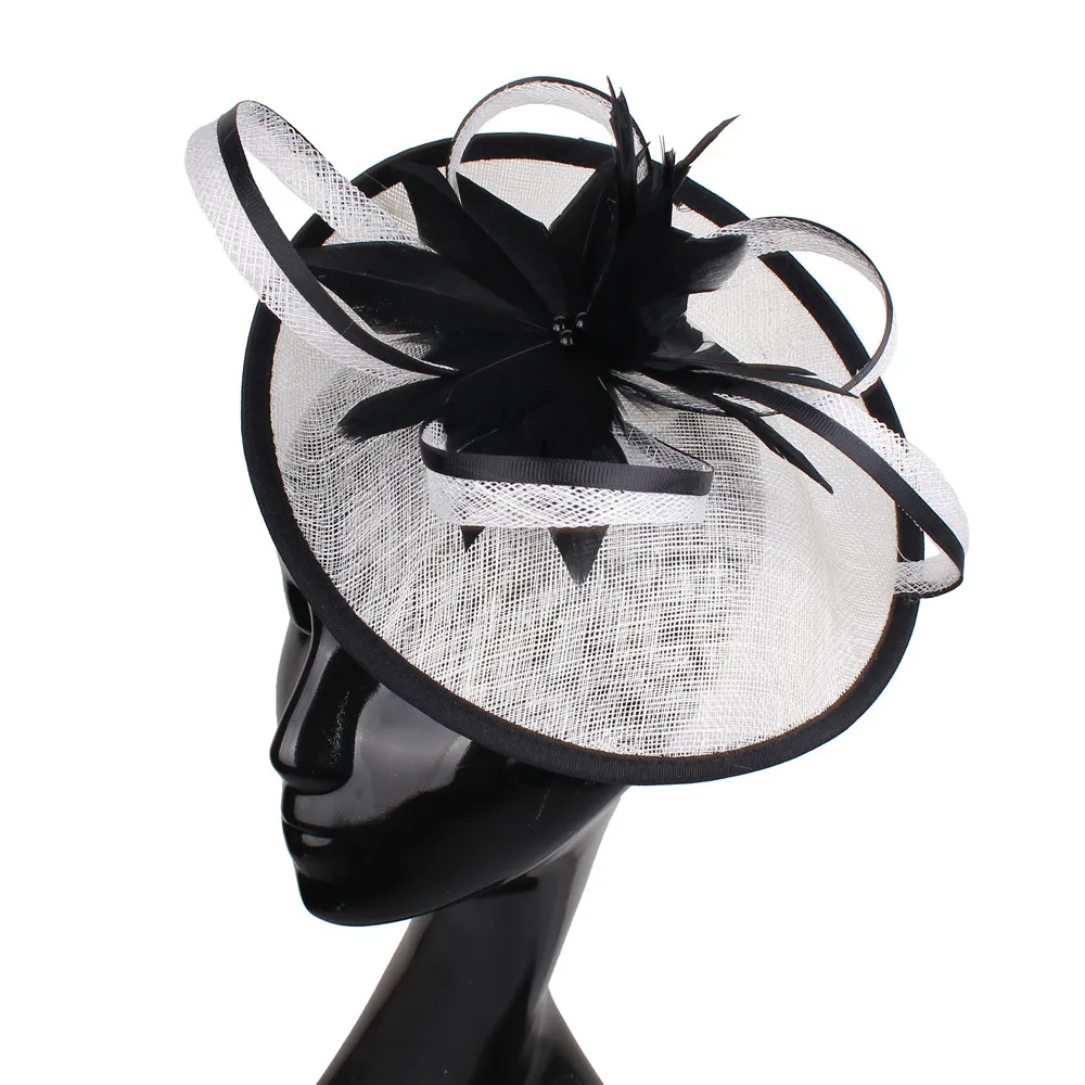 

Sinamay Wedding Feather Flwer Facinator Hats Bride Elegant Fashion Headwear Cocktail Race Dinner Hair Accessories With Hairpins