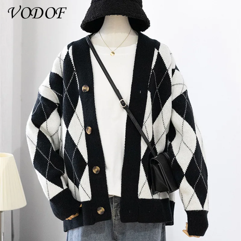 VOCOF 2021 Women's Sweaters Winter Spring Plaid V-Neck Cardigans Button Puff Sleeve Checkered Oversize Sweater Tops