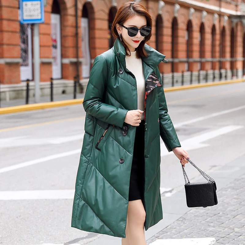 

Women's Leather Down Jacket 2020 Long 100% Sheepskin Coat Genuine Real Leather Jackets Thick Print MFXM1920 KJ3694