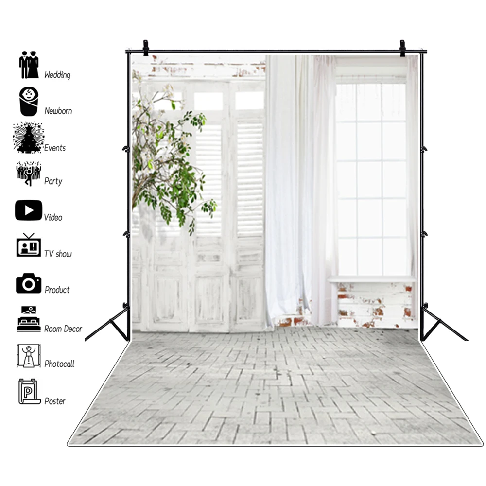 Grunge House Wood Door Window Curtain Vase Interior Photographic Backgrounds Baby Portrait Photo Backdrops Birthday Photozone