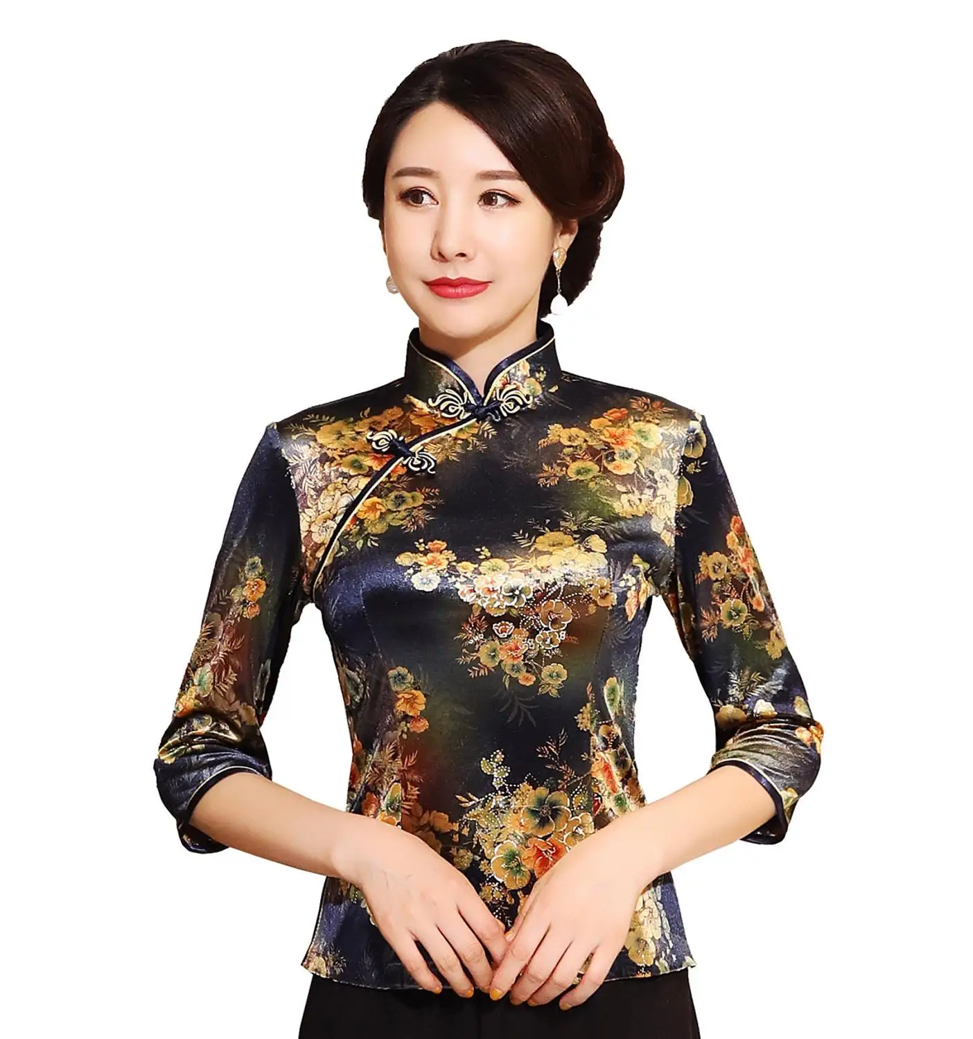 Shanghai Story Chinese Button Woman\'s Shirt chinese traditional top 3/4 Sleeve cheongsam top Velvet traditional Chinese blouse