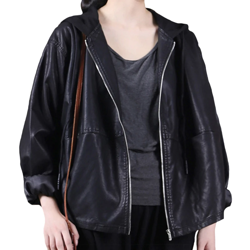 Masss Wasss Korean Designer Spring Ladies Black Punk Pu Biker Jackets Women Faux Leather Coat Female Hooded Oversized Streetwear