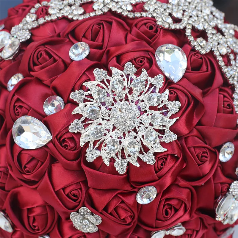 Bouquet da sposa da 21 cm Fiori di seta rosso scuro Bouquet da sposa da damigella d'onore Bouquet con spilla di diamanti Bouquet di fiori da sposa Bouquet da sposa