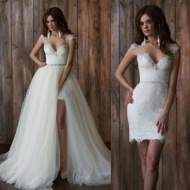 Cap Sleeve 2 Piece Wedding Dress Short Front Long Back Detachable Skirt Beach Wedding Dresses Vestido de Novia AliExpress