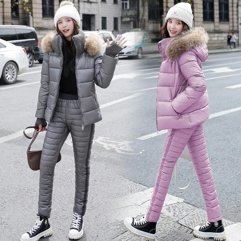 

2021 Winter Fashion Two Piece Outfits Women Fur Collar Hooded Down Cotton Coat And Cotton pants Sets Thicker Warm q443