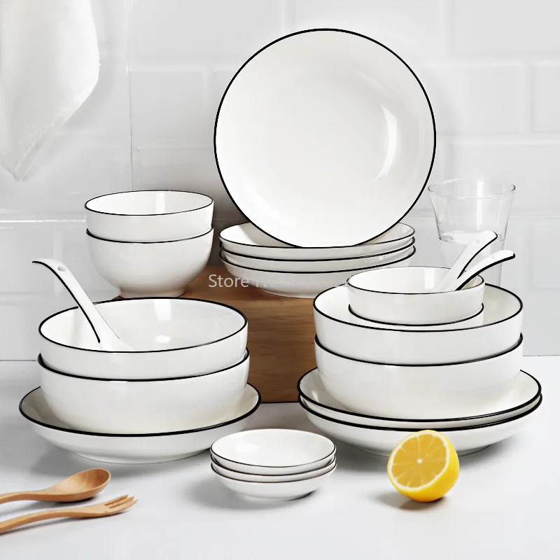 1pc White Dinner Plate Set Ceramic Kitchen Plate Tableware Set Food Dishes Rice Salad Noodles Bowl Soup Kitchen Cook Tool