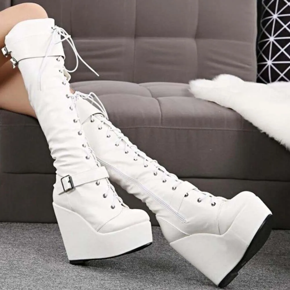 DORATASIA Big Size 35-43 Ladies Wedges High Heels Knee High Boots Cross Tied High Platform Boots Women Party Sexy Shoes Woman