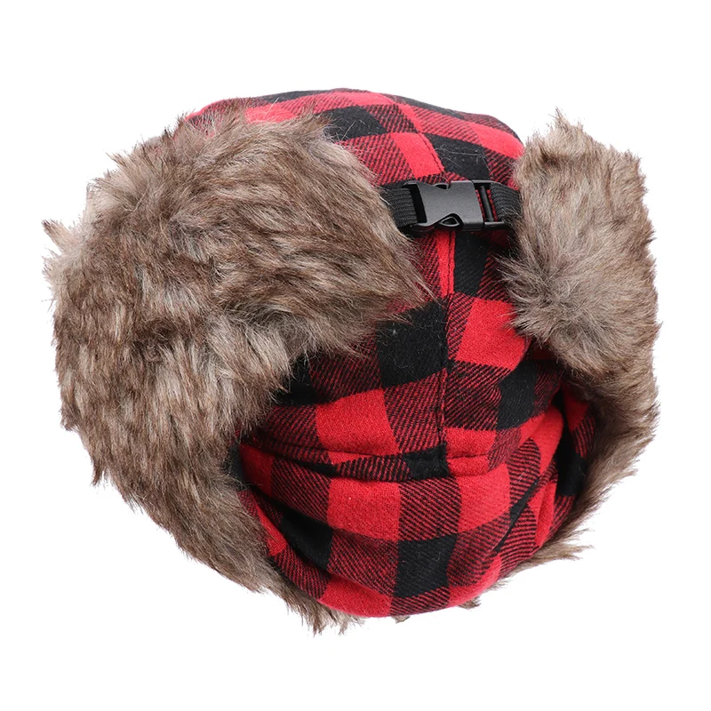 CAMOLAND Fashion Plaid Pattern Bomber Hats Women Men Soviet Badge Russia Ushanka Hat Winter Thermal Faux Fur Earflap Snow Caps