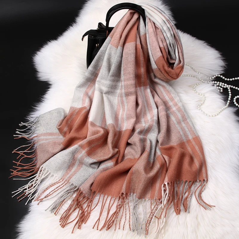 Pink Plaid Wool Scarf for Women Korean Autumn Warm Shawls and Wraps Pashmina Foulard Winter Cashmere Scarves Blanket Echarpe